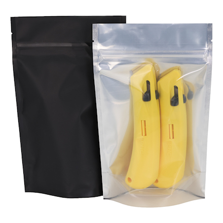 9 x 13 <span class='fraction'>1/2</span> x 4 <span class='fraction'>3/4</span>", Black Back - Matte Stand-Up Barrier Pouches